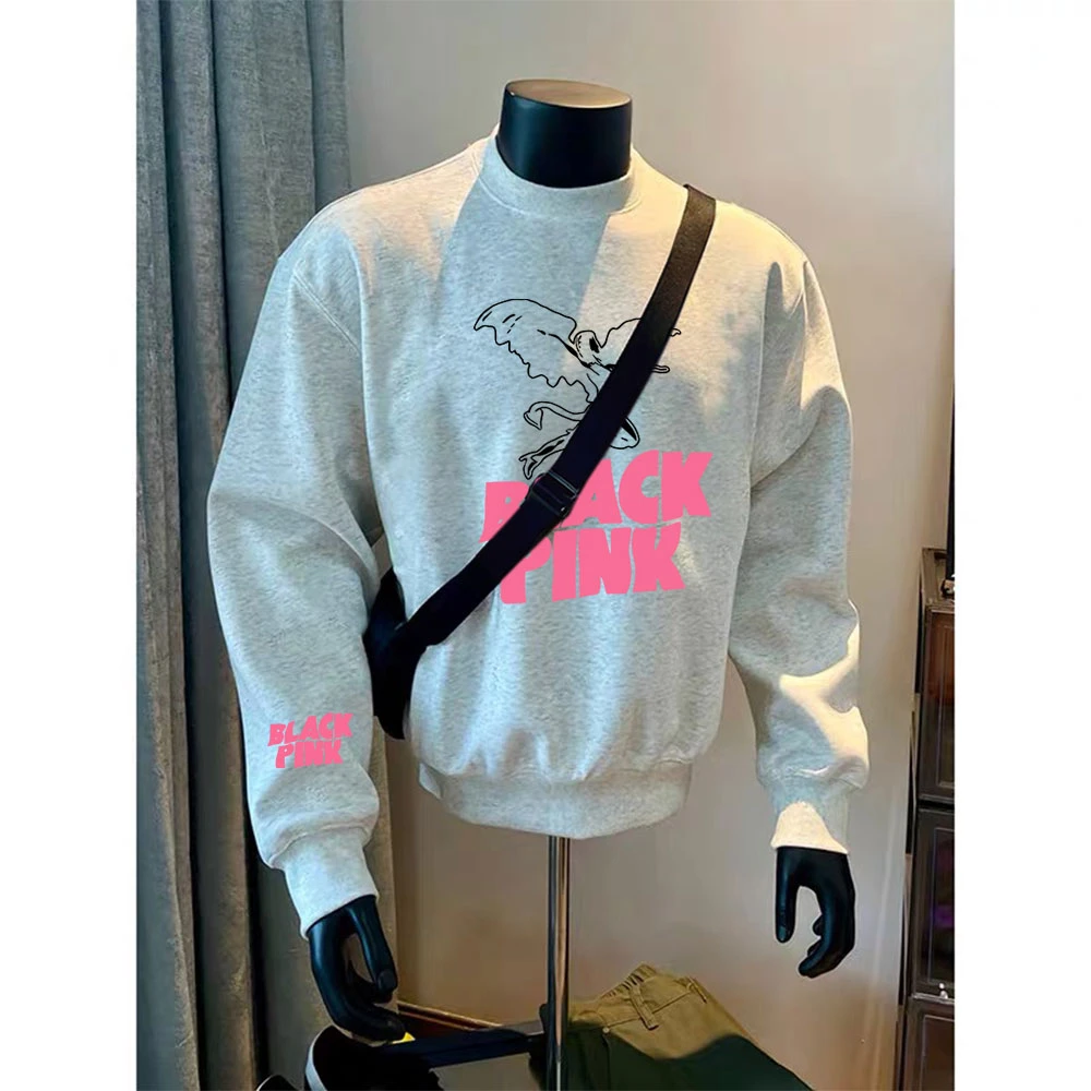 加绒圆领卫衣秋冬季美式潮牌上衣粉色印花长袖外套保暖加厚打底衫