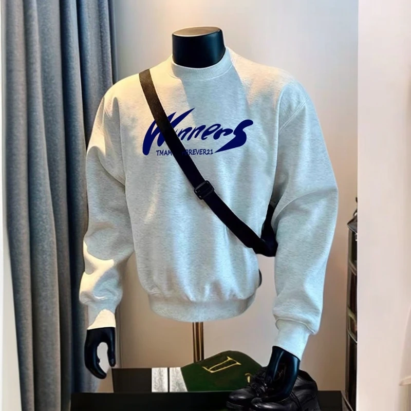 花灰色圆领卫衣男秋冬季学生加厚加绒字母印花上衣男士打底长袖