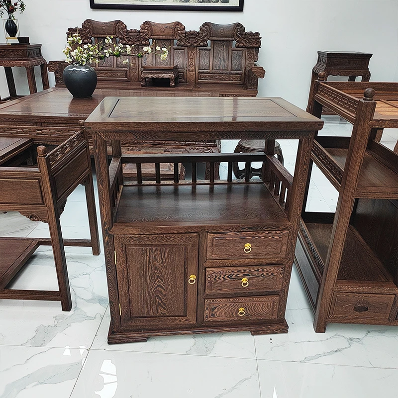 鸡翅木三抽单门茶水柜红木茶桌边柜茶叶储物架80cm收纳边柜