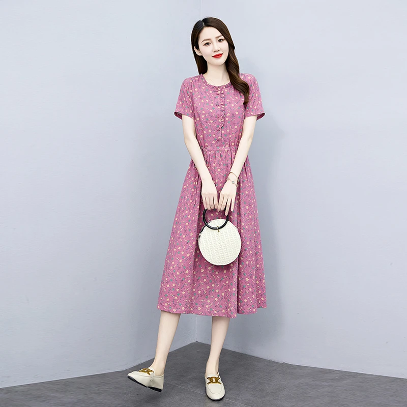 棉麻连衣裙夏天薄款2025年新款女装小个子中长款夏季减龄碎花裙子