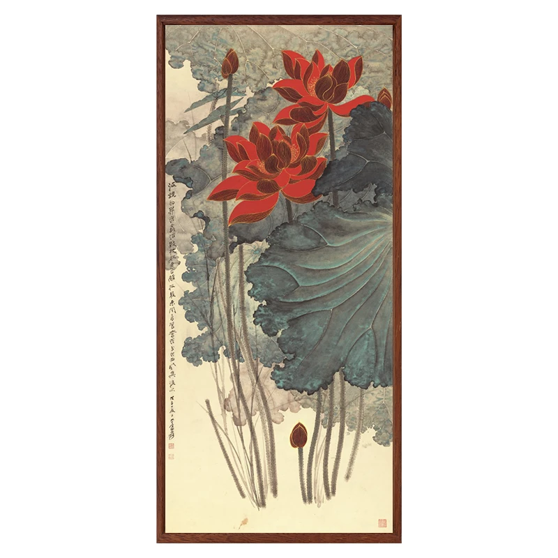 金线荷花入户玄关挂画新中式过道走廊客厅装饰画竖款国画复刻版画