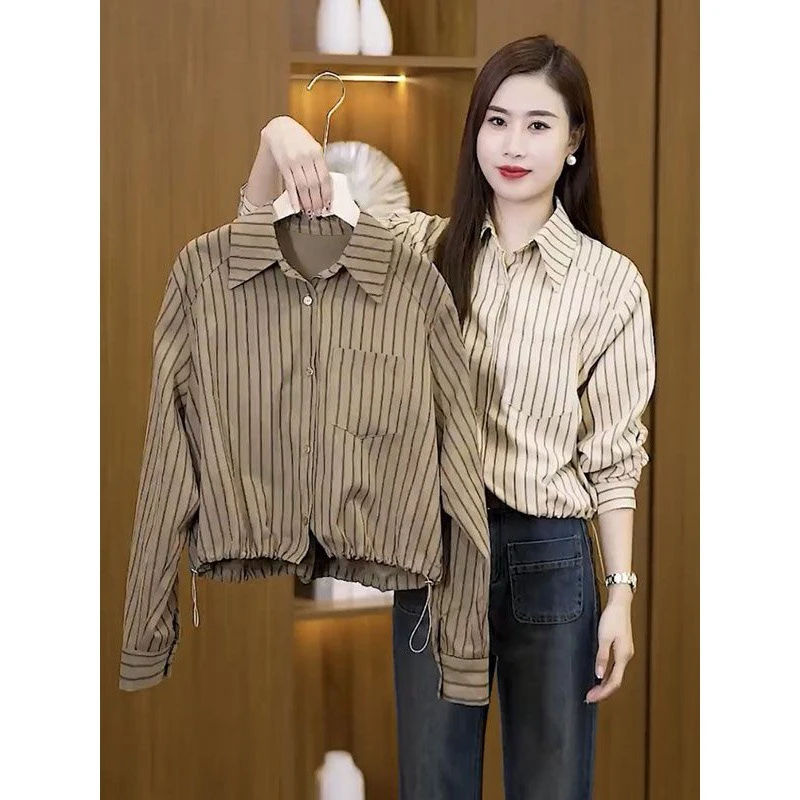 条纹短款衬衣女2025秋季新款时尚衬衫宽松气质高级感收腰洋气小衫
