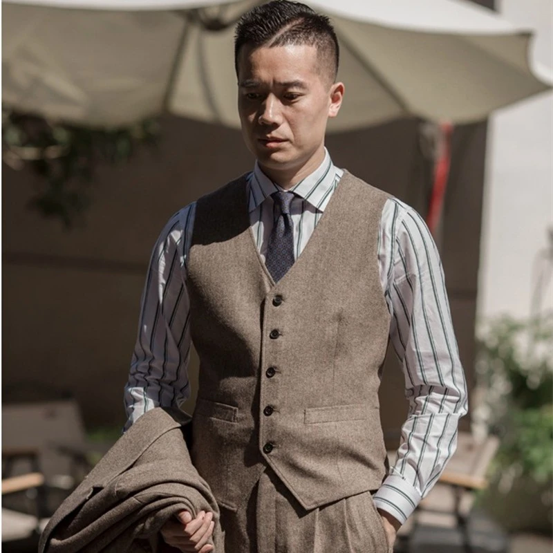 春秋美式复古毛呢咔叽马甲男商务休闲修身西装背心马夹大码怀旧