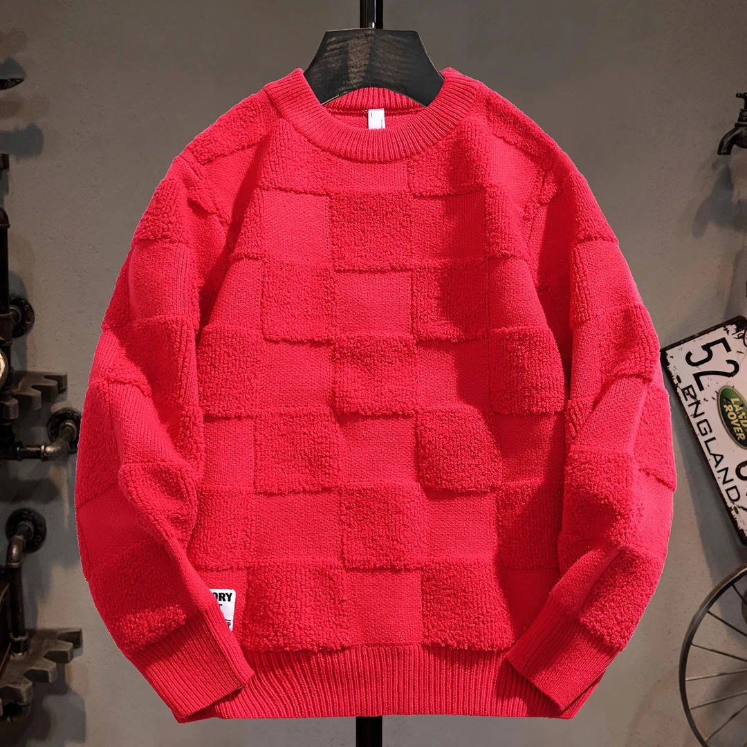 LEIGHZ/雷茨棋盘红色毛衣男2024秋冬新款潮牌情侣宽松百搭打底衫