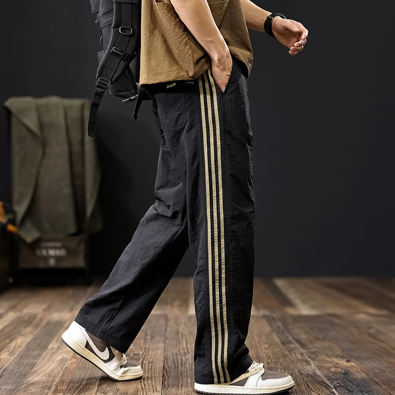 LEIGHZ/雷茨冰丝速干条纹休闲裤男夏季新款直筒宽松阔腿裤子男士