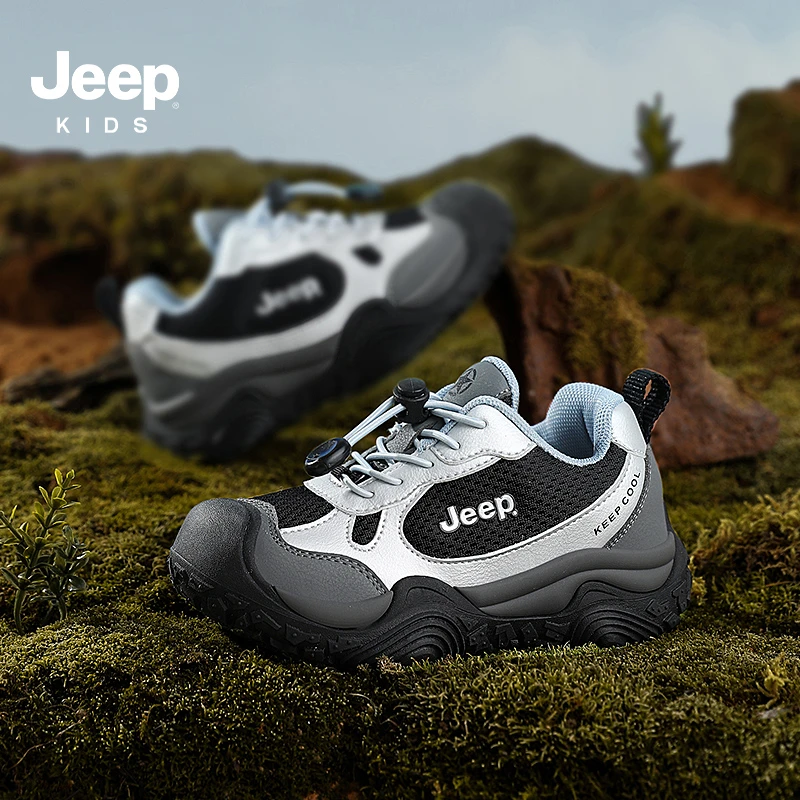 jeep女童鞋子一脚蹬防滑登山童鞋儿童春秋2024新款软底网面运动鞋
