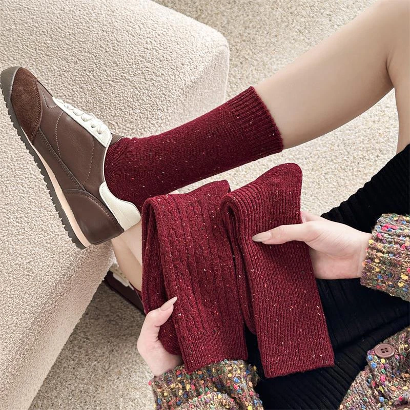 酒红秋冬季新款棉袜时尚保暖中筒袜点子纱加厚堆堆袜粗线女潮袜