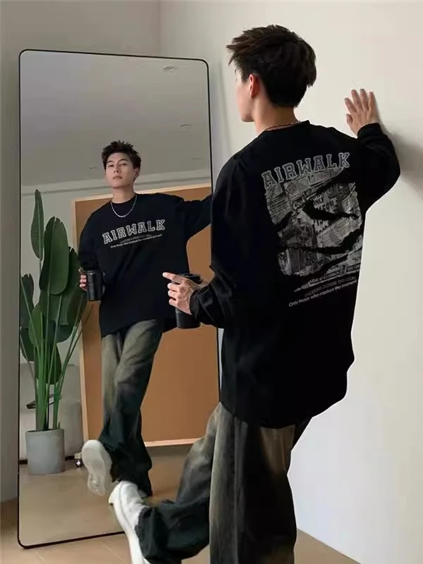 【重磅纯棉】美式宽松长袖T恤休闲百搭秋季韩版潮流圆领时尚印花ins