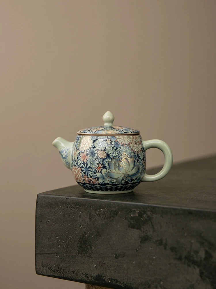 掐金丝牡丹泡茶壶