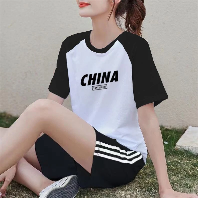 纯棉休闲运动服套装女夏季韩版时尚宽松洋气短袖短裤跑步两件套