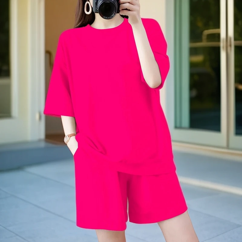 纯棉休闲运动套装女夏季2024新款韩版减龄宽松时尚短袖短裤两件套
