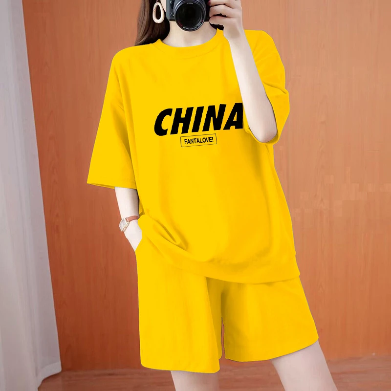 100%纯棉运动套装女夏季短袖短裤外穿时尚宽松休闲跑步服两件套潮