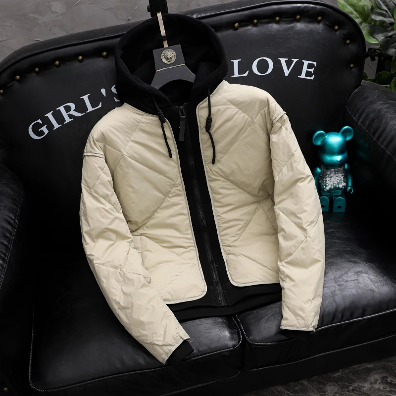 2023冬季新款韩版连帽假两件羽绒服男绿色外套男保暖短款休闲帅气