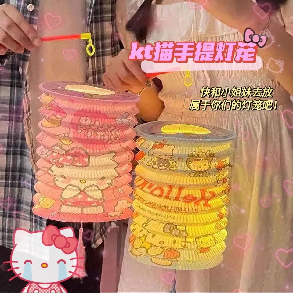KT猫灯笼中秋灯笼风琴纸灯笼女孩卡通手提折叠风琴发光凯蒂猫花灯