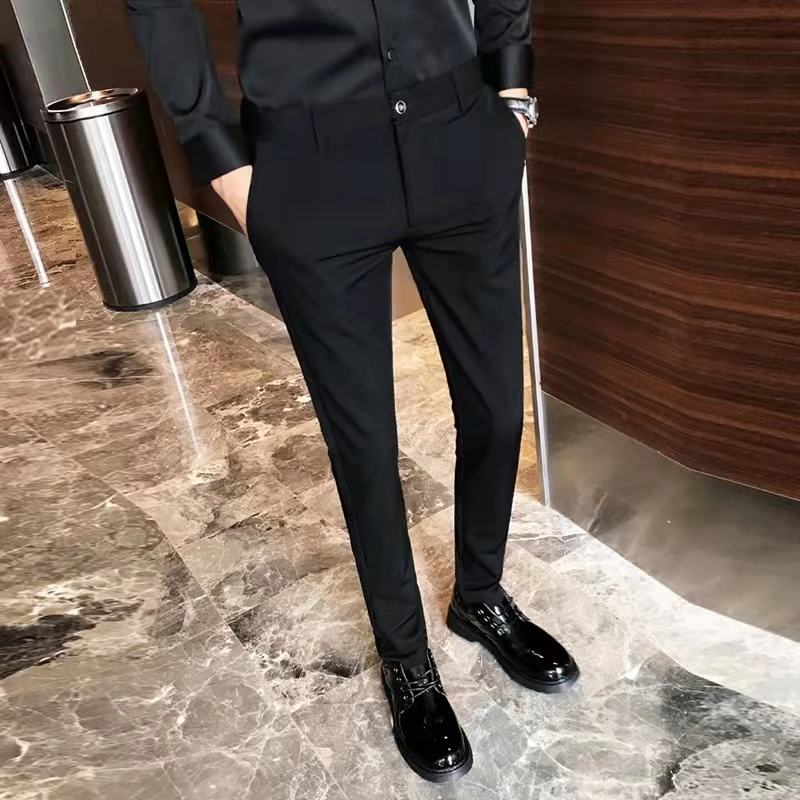 裤子男款夏季九分休闲裤修身弹力小脚裤锥形裤商务黑色西装长裤子