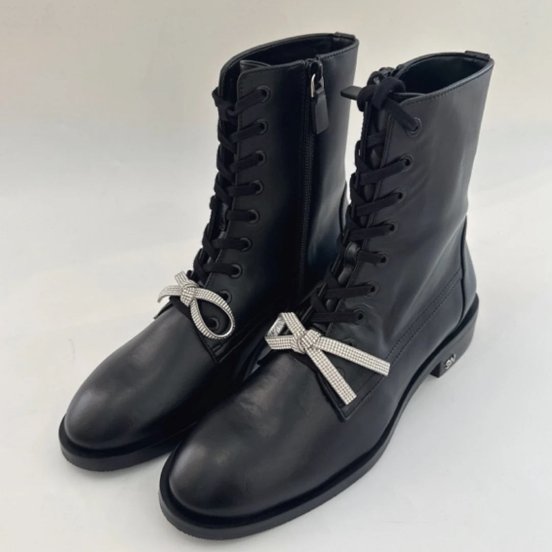 StuartWeitzman【商场同款】SW BOW LACE-UP BOOTIE黑牛皮短靴