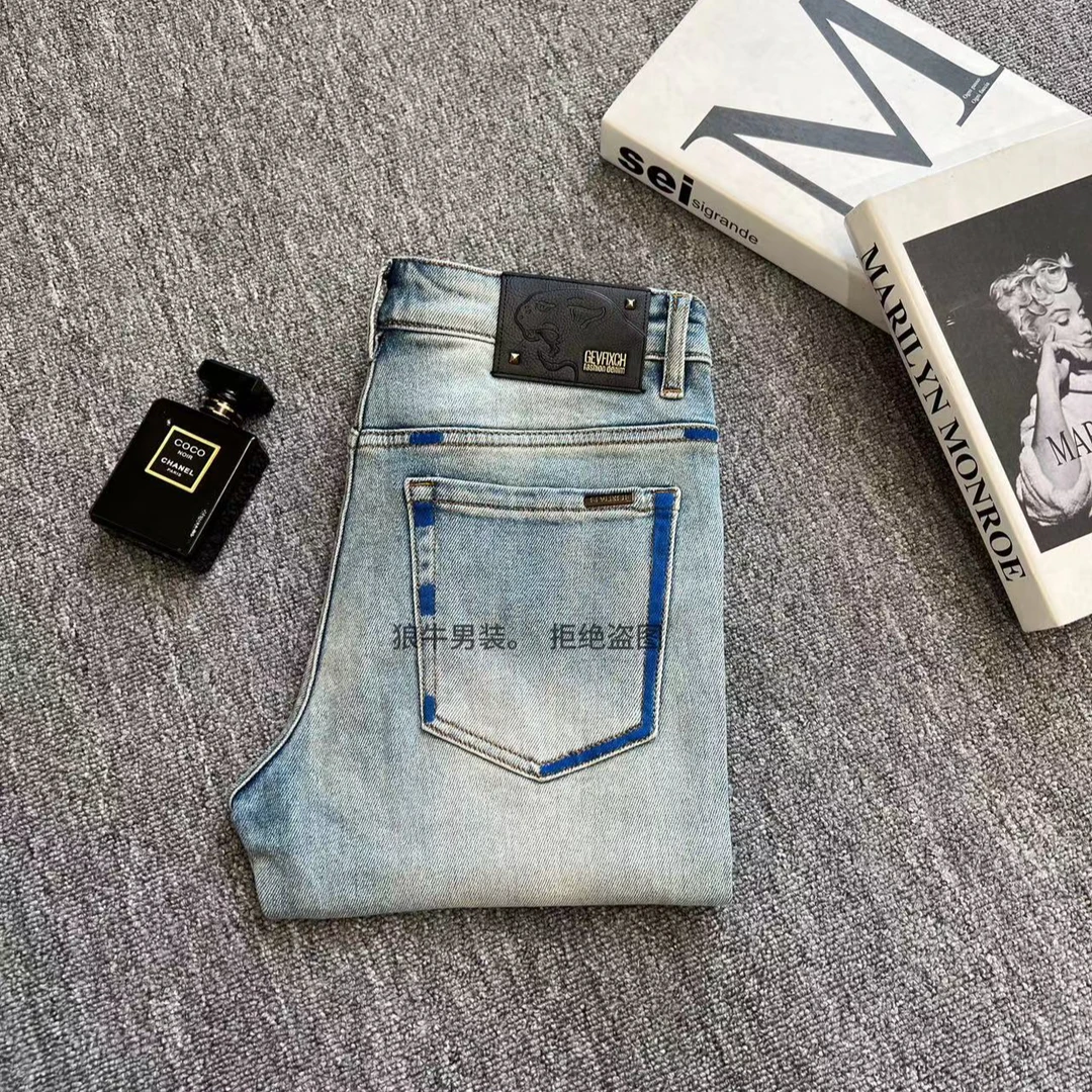 秋冬浅蓝色欧货男士修身牛仔裤新款潮流长裤修身小脚高端时尚裤子
