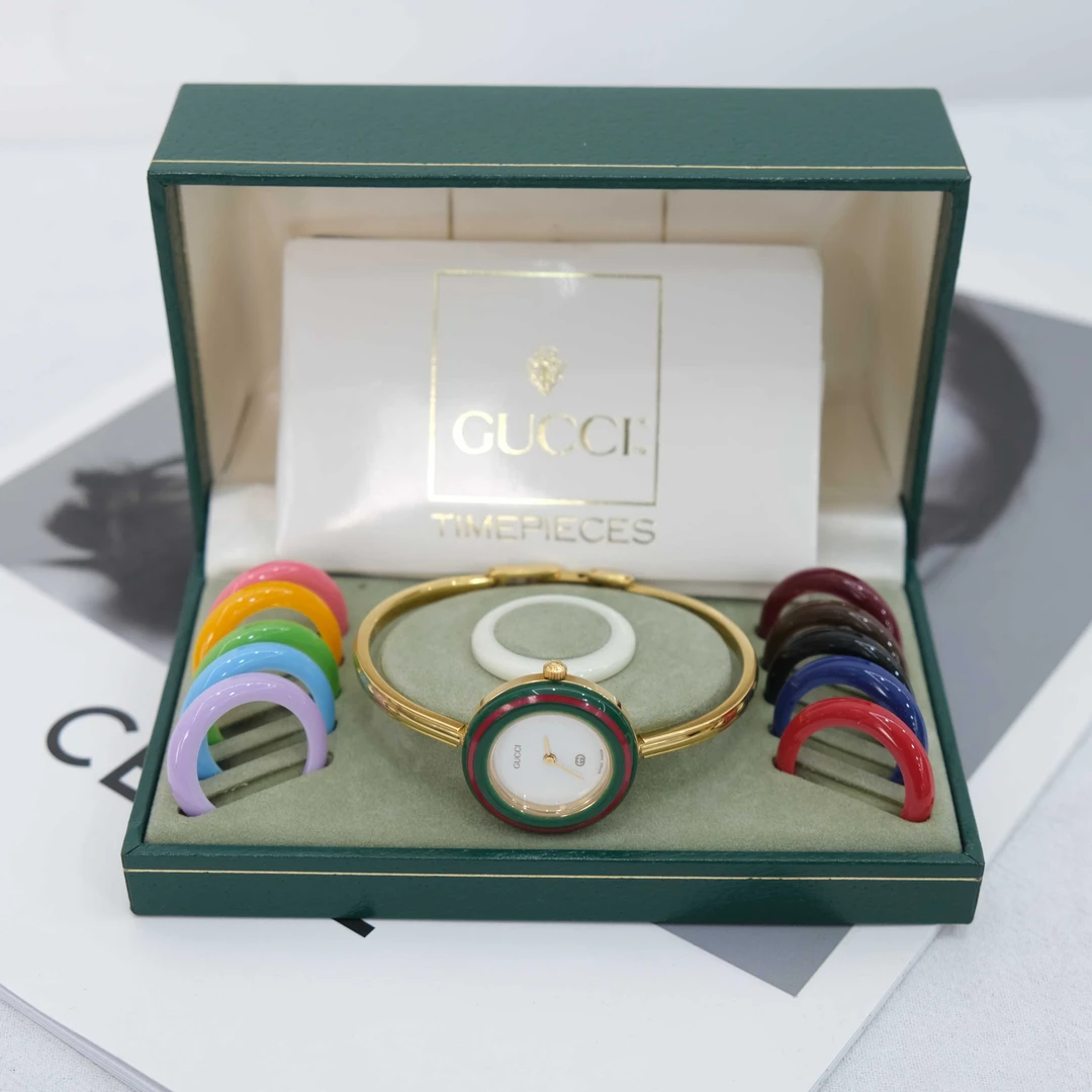 95新 GUCCI/古驰 彩虹圈可替换表圈手表女士表径28mm中古奢侈经典