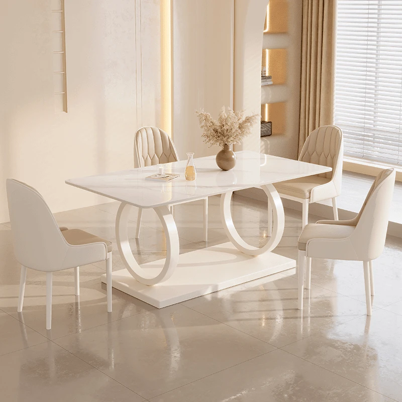 法式奶油风餐桌小户型家用饭桌高端岩板餐桌现代简约白色长桌椅