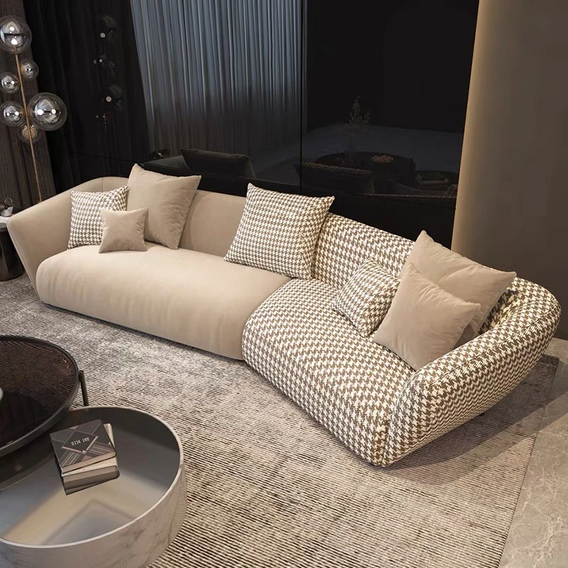 磨砂意式免洗科技圆形布艺沙发北欧简约客厅直排千鸟格侘寂设计师