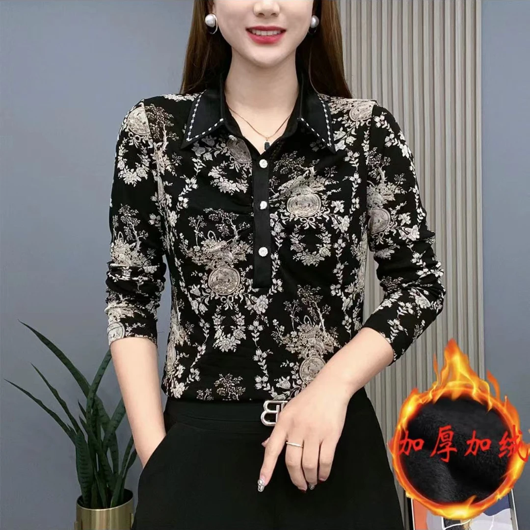 秋冬新款打底衫加绒加厚显瘦拼接长袖上衣妈妈装