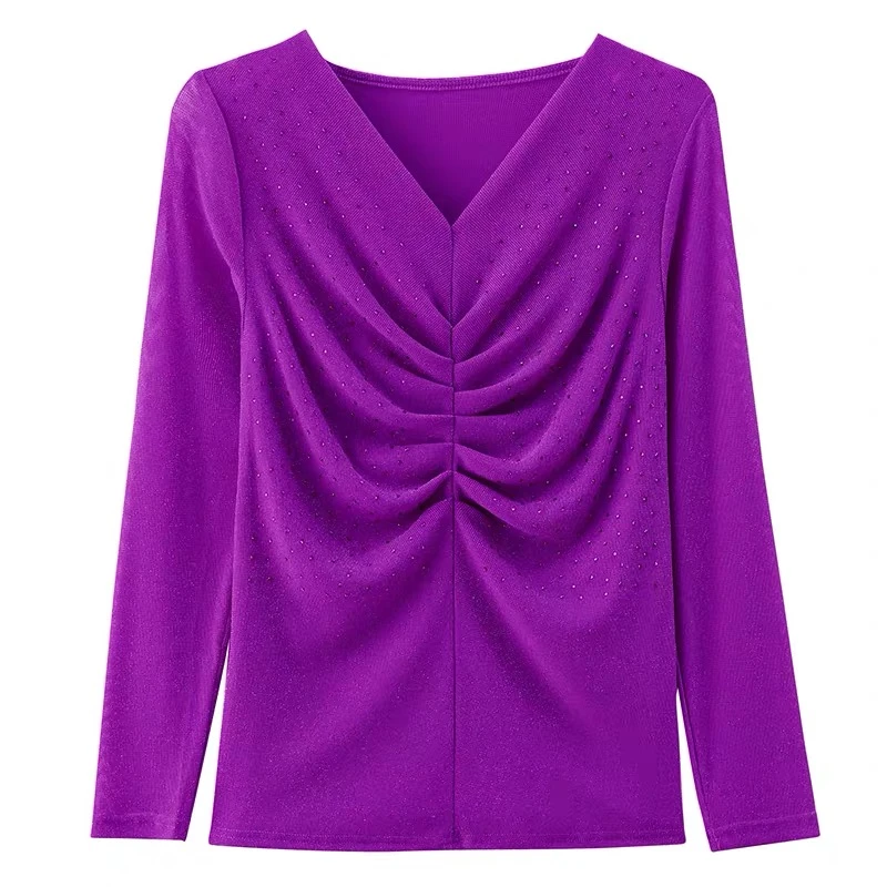 #2751气质V领网纱长袖T恤洋气打底衫遮肚显瘦上衣百搭小衫