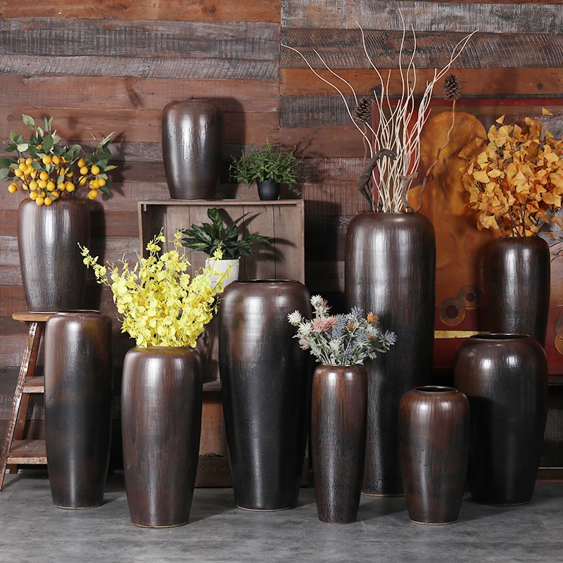 流金岁月古铜褐色多尺寸陶瓷落地大花瓶工艺家居软装摆件大缸摆件
