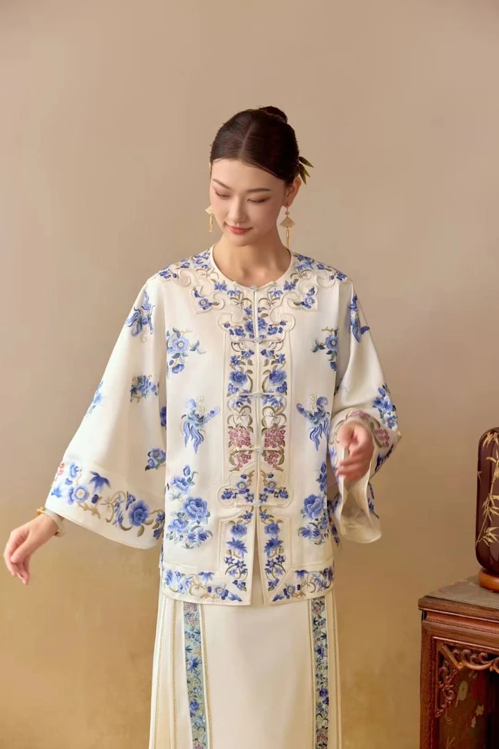 绣艺娇古苏绣经典款青芍赋三蓝绣太太服圆领对襟中式刺绣上衣