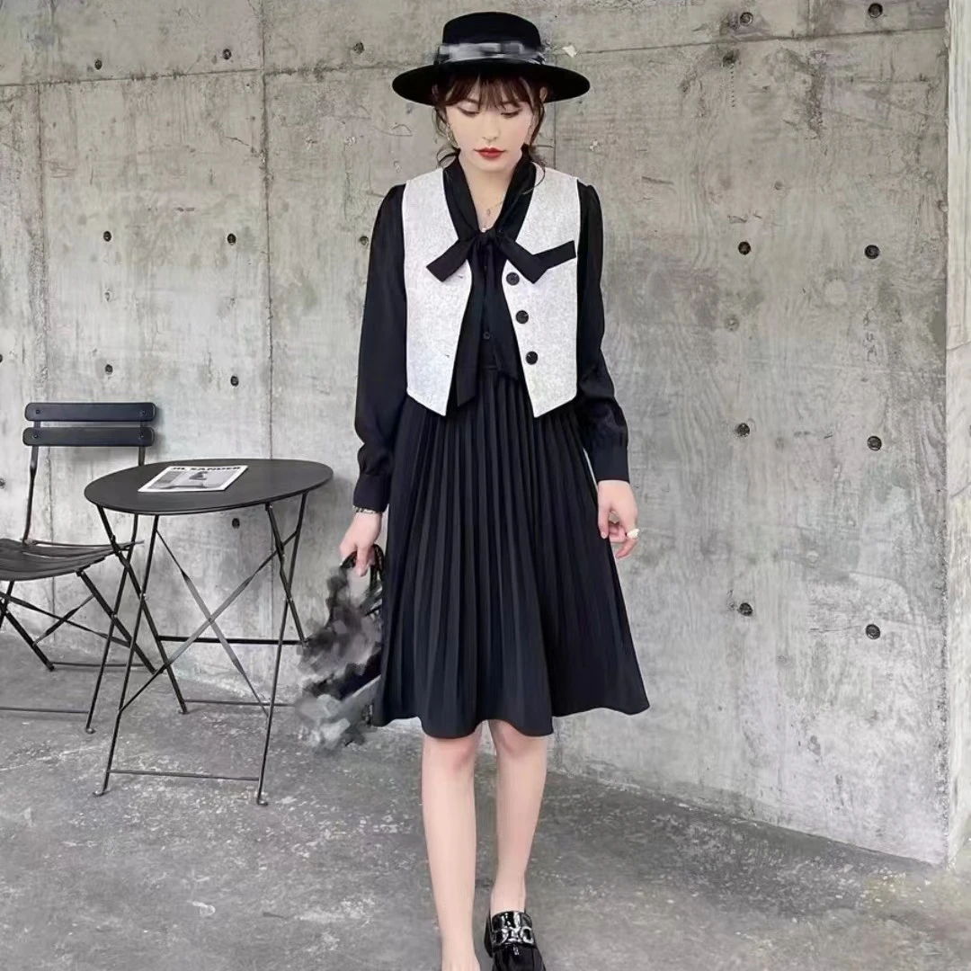 甜美长款长袖百褶裙两件套飘带春秋连衣裙