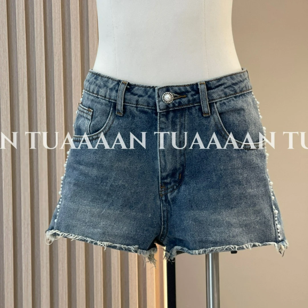 【清仓】TUAAAAN 【蓝调时光】包臀高腰珍珠流苏小个子A字版牛仔短裤