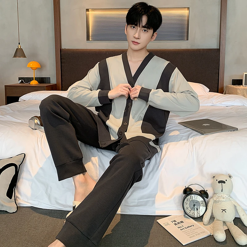 男士纯棉睡衣春秋冬家居服长袖长裤开衫时尚休闲拼色可外穿套装