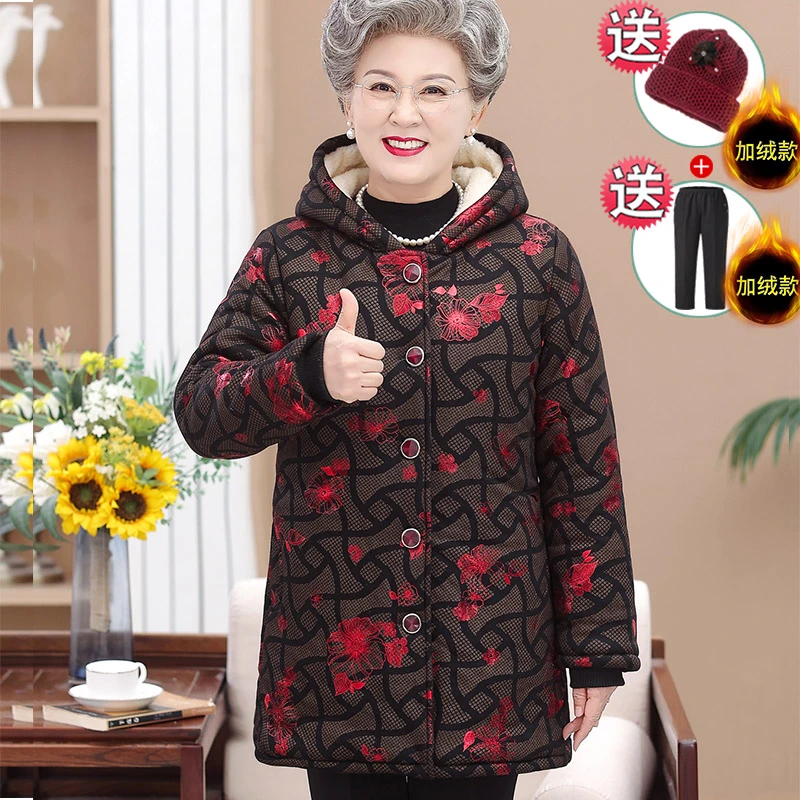 奶奶装冬装棉衣中长款连帽加厚外套中老年女妈妈装加绒棉袄老太太