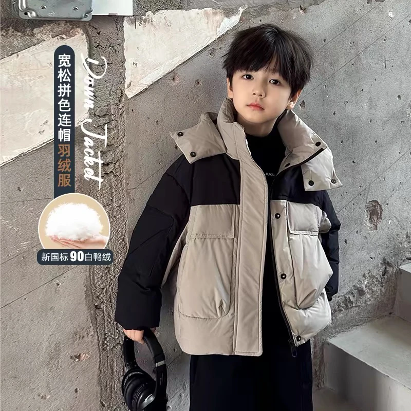 24年新款90白鸭绒三防男女儿童拼色连帽童装羽绒服KX-7629