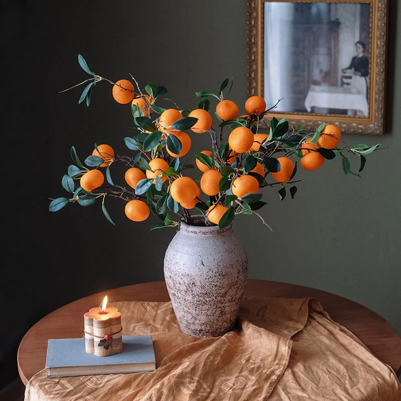 清欢满堂【桔子】水果树枝客厅餐桌插花假花新年装饰橘子花艺摆件
