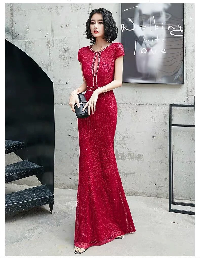 （S码拉链腰围64实物中袖）酒红钻条鱼尾晚宴主持走秀礼服