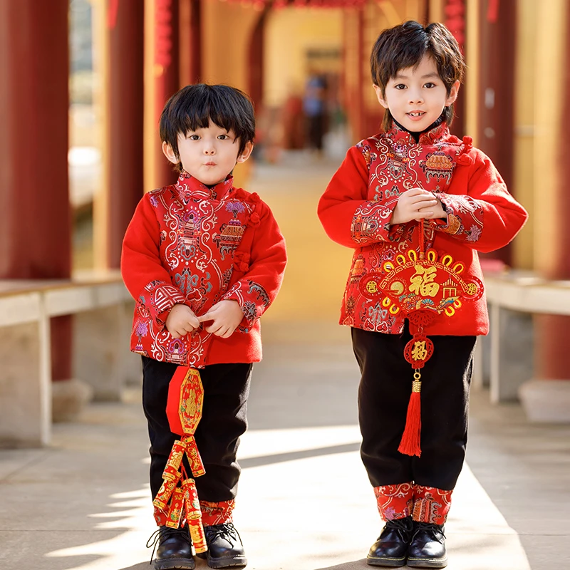 龙年拜年服男童套装2024新款儿童汉服国风唐装宝宝红色过年新年服