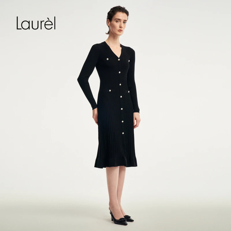 Laurel早秋新款黑色长款针织连衣裙女LWD353M00900