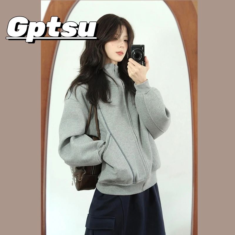 GPTSu美式复古灰色小个子连帽卫衣外套女秋冬2025年新款休闲上衣