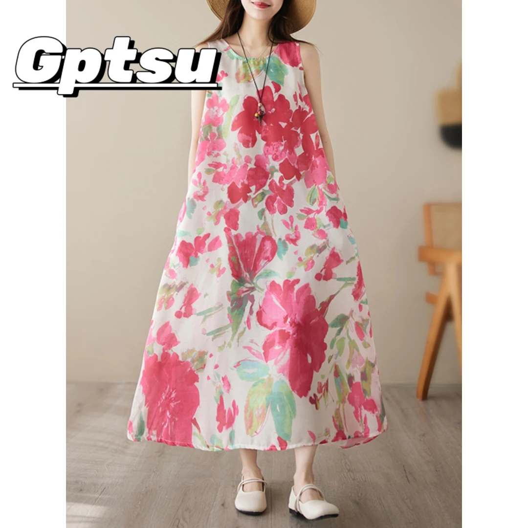 GPTSu夏季新款气质棉麻无袖碎花连衣裙女宽松大码背心大摆长裙子