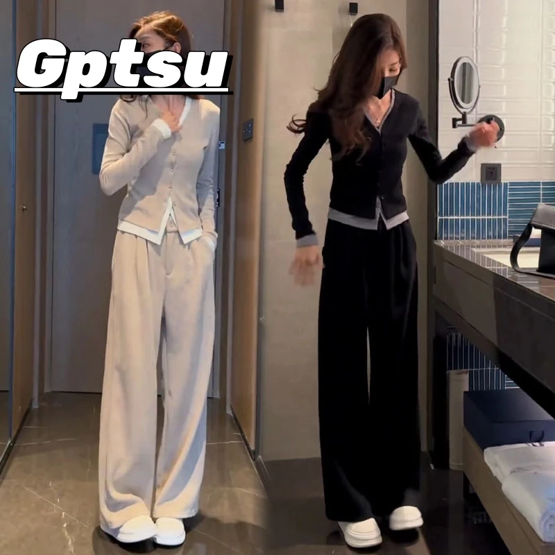 GPTSu阔腿裤女高腰垂感套装早秋季时尚休闲运动服显瘦减龄两件套