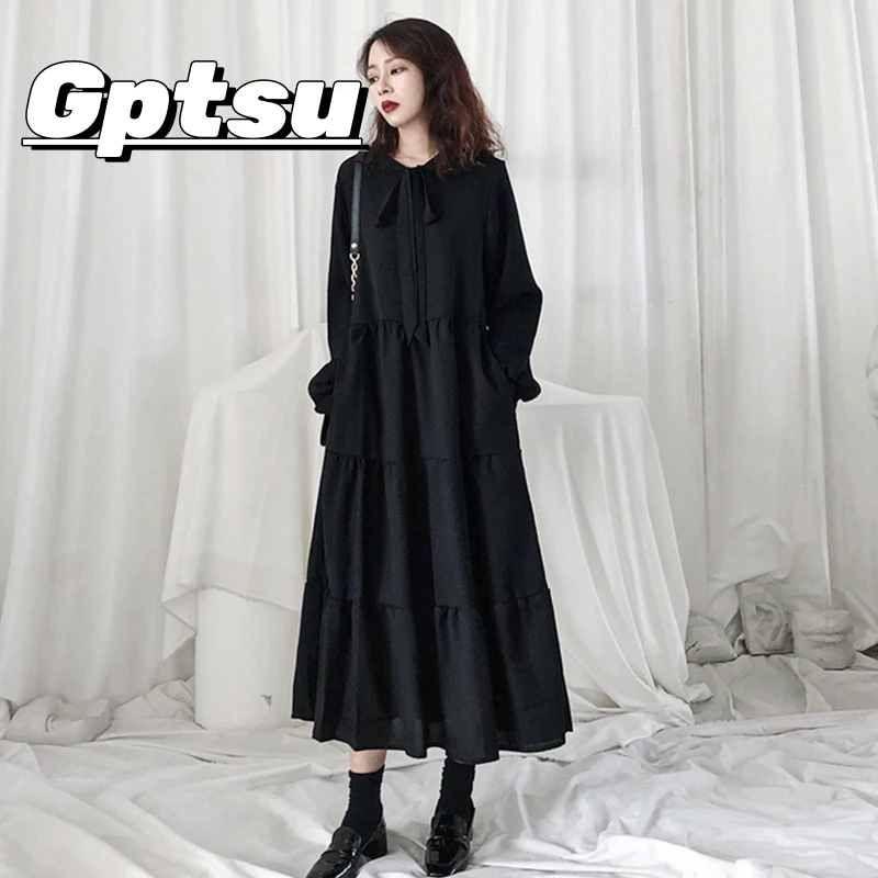 GPTSu大码女装宽松遮肉长裙春秋季微胖mm复古系带显瘦黑色连衣裙