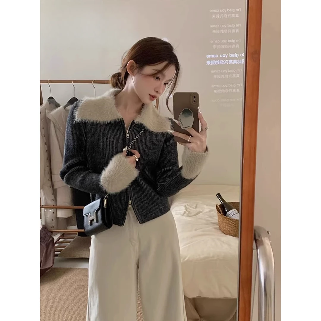 GPTSu双拉链翻领水貂绒袖口拼接毛衣外套女秋冬短款高级感针织衫