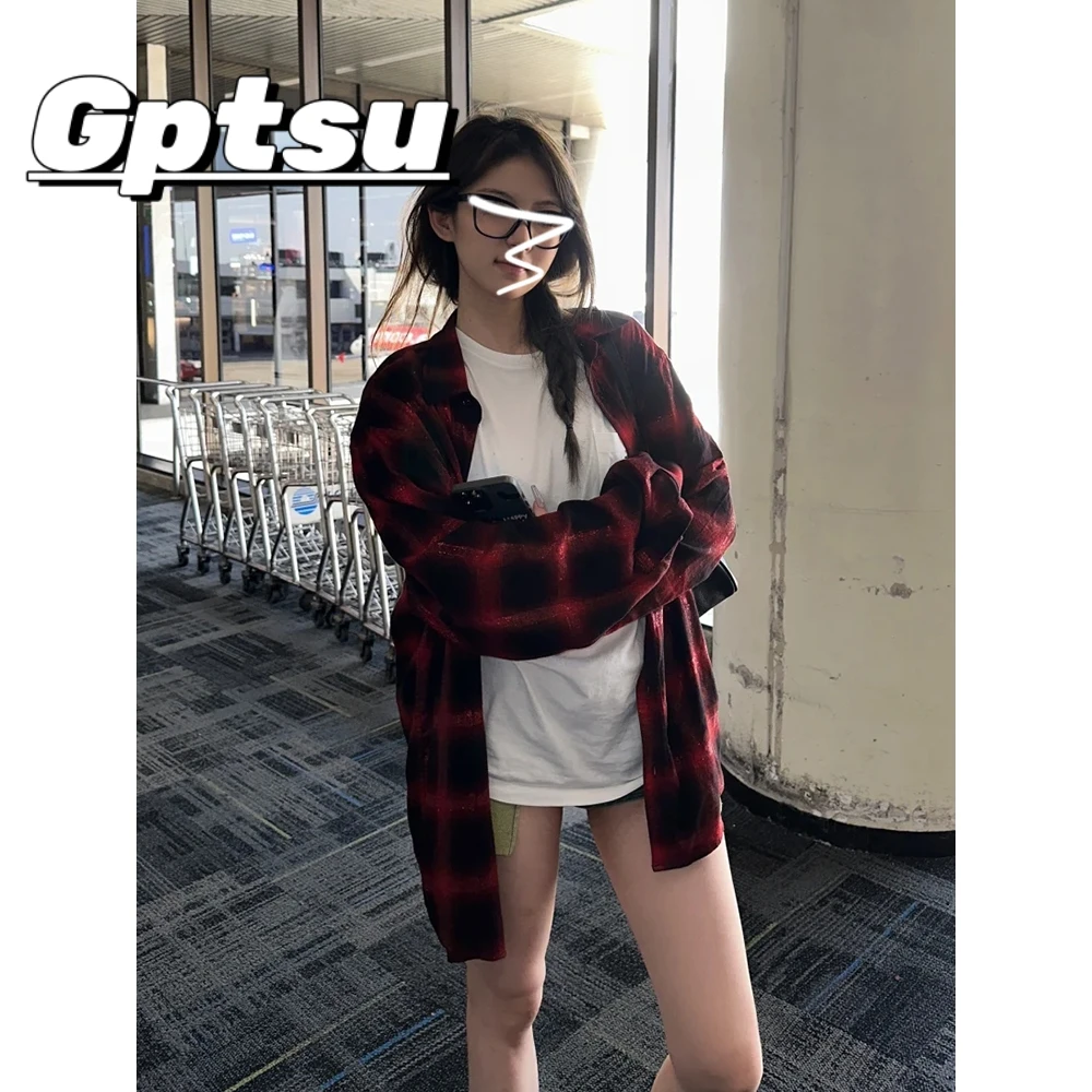 GPTSu美式复古格子衬衫外套女初秋2024慵懒风小个子衬衣宽松上衣