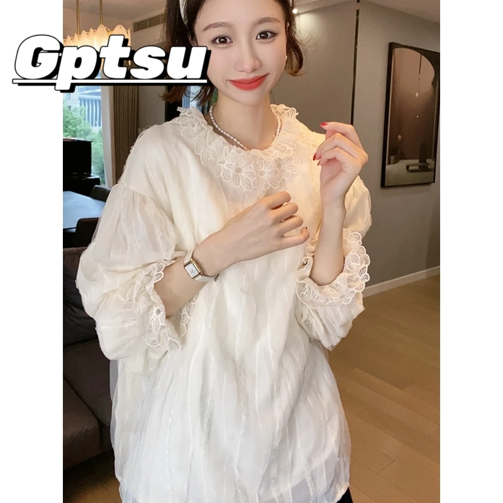 GPTSu法式高级感花朵白色衬衫女士新款时尚衬衣气质别致蕾丝上衣