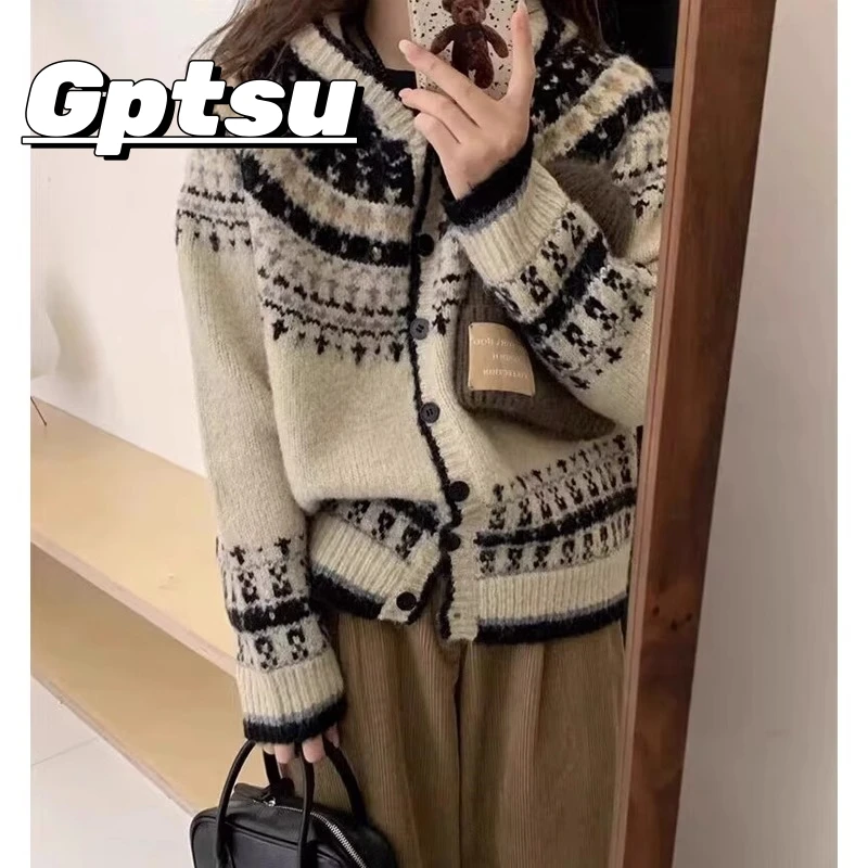 GPTSu氛围感提花连帽针织开衫女秋冬北欧风撞色复古慵懒毛衣外套