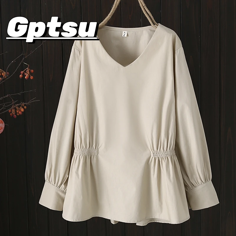 GPTSu春秋新款女装大码V领收腰长袖t恤女上衣宽松200斤胖mm打底衫
