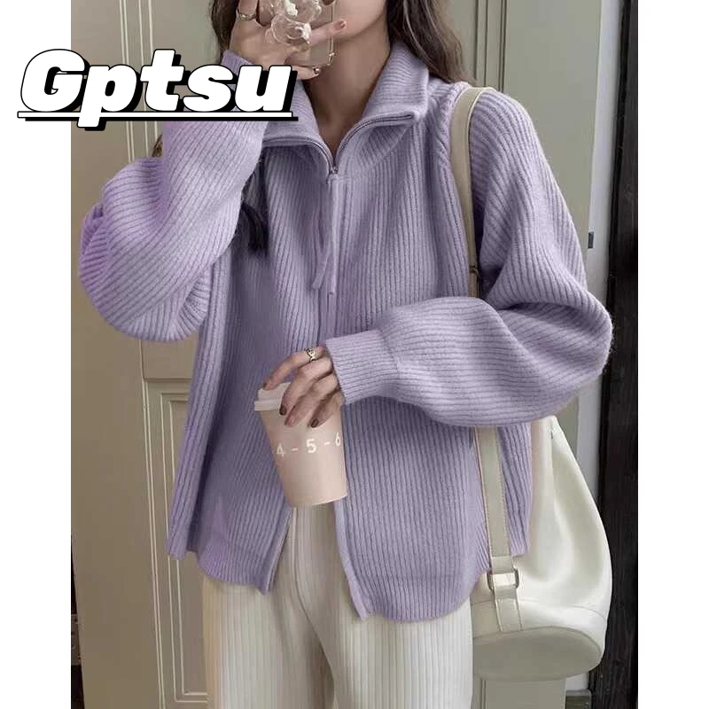 GPTSu高级感紫色针织开衫外套秋冬季2025新款加厚翻领拉链毛衣女