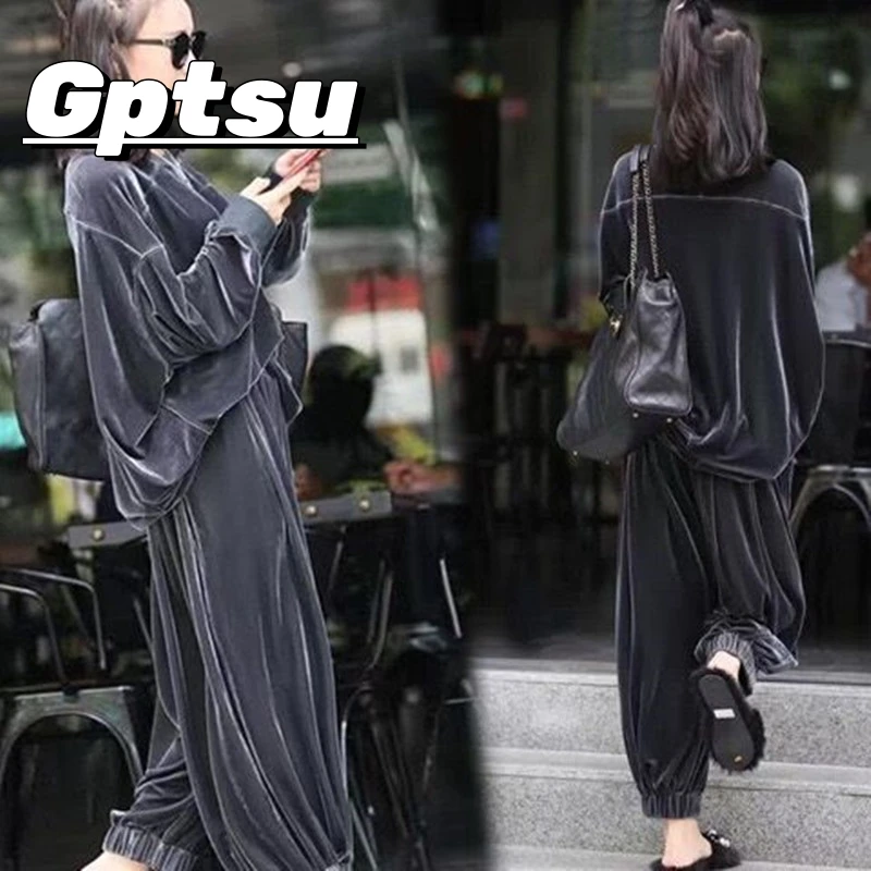 GPTSu2025秋季大码金丝绒套装女时尚宽松休闲运动阔腿裤两件套潮
