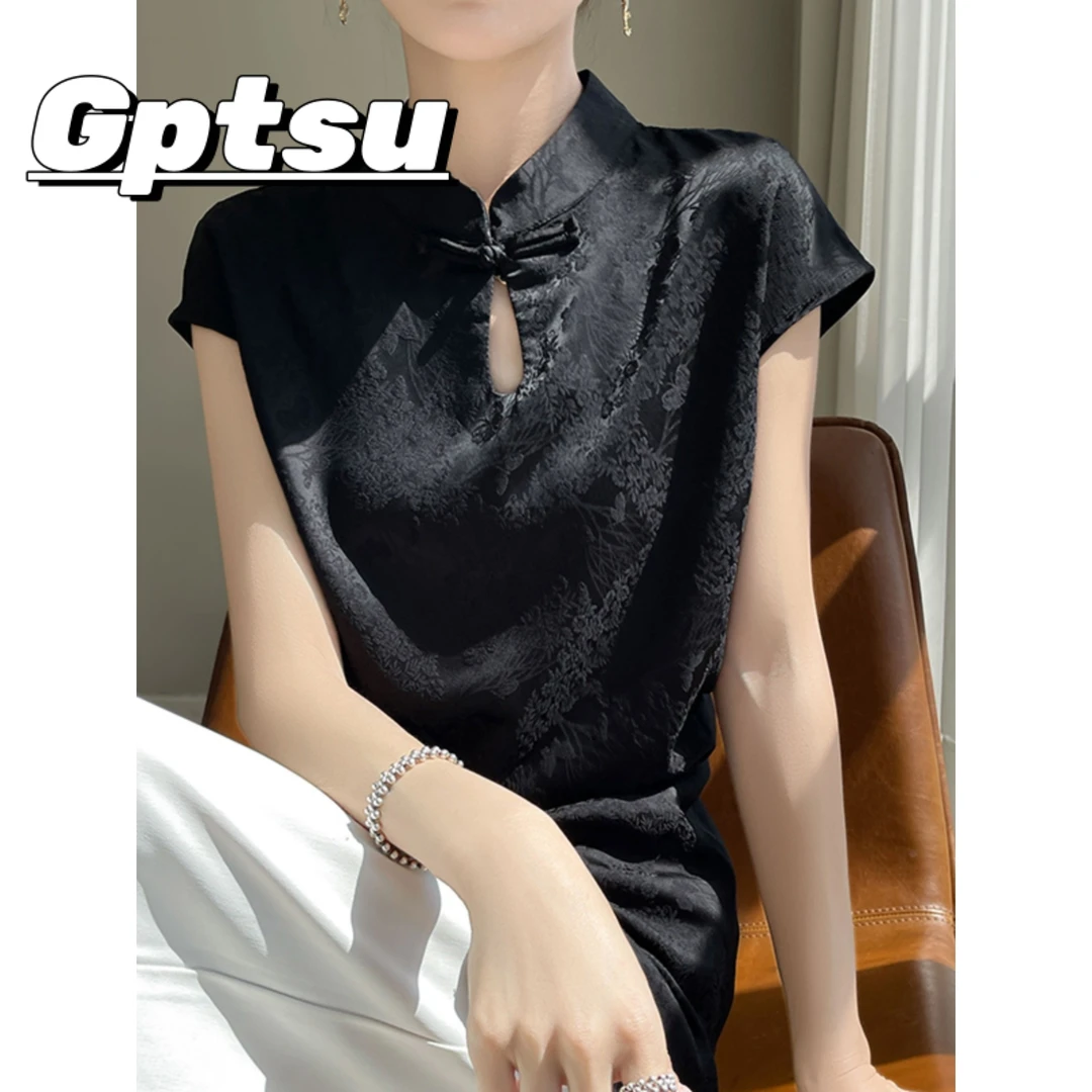 GPTSu真丝缎面立领国风新中式短袖女无袖提花开叉上衣纯色半袖夏