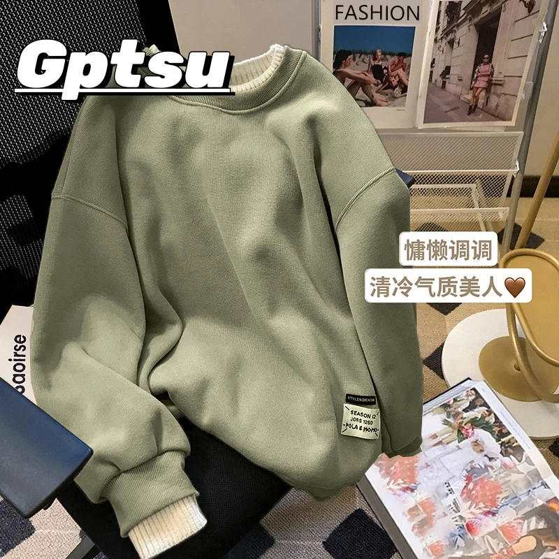 GPTSu纯棉假两件圆领卫衣女款春秋季薄款宽松加绒内搭打底衫秋冬